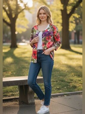 Liz & Me Floral Button Down Top in Pink, Purple & Green